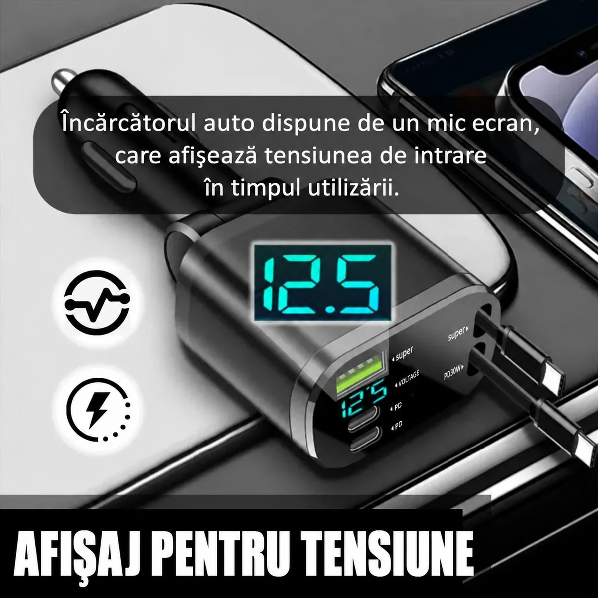 Adaptor retractabil pentru încărcător auto 5 în 1