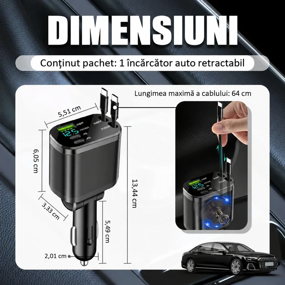 Adaptor retractabil pentru încărcător auto 5 în 1